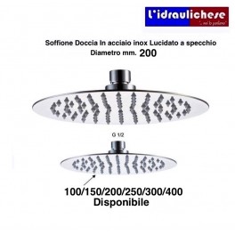 SOFFIONE DOCCIA ULTRA PIATTO in acciaio INOX lucidato a specchio. DIAMETRO 200 mm.