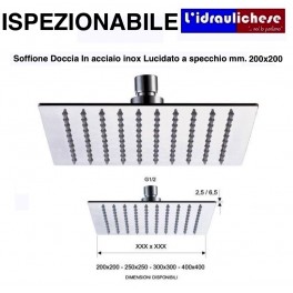 SOFFIONE DOCCIA ULTRA PIATTO in acciaio INOX lucidato a specchio 200x200 mm.