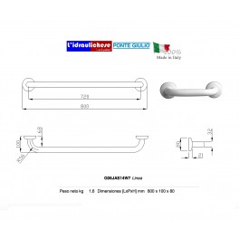 MANIGLIONE DI SICUREZZA PONTE GIULIO IN ACCIAO VERNICIATO con Rilsan®, polvere termoplastica sintetica 800X100X80